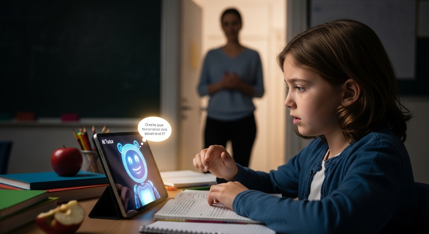 Student looking uncertain at AI tutor screen while human teacher silhouette appears faintly in background.