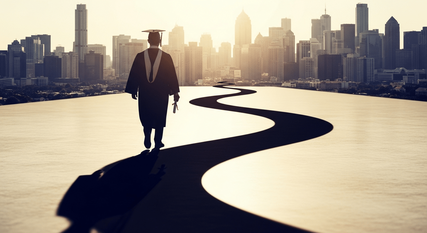 Graduate walking across university stage with diploma, long shadow shaped like a pathway into a professional skyline.
