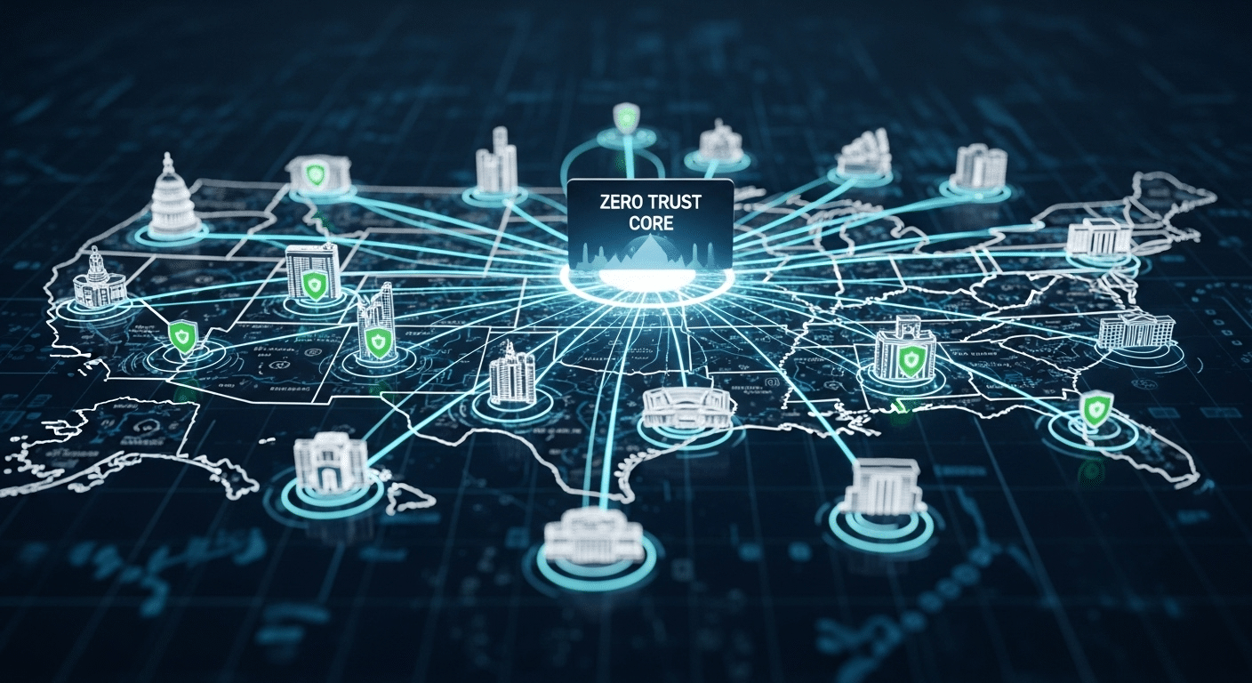 U.S. federal cybersecurity modernization concept illustrating Zero Trust adoption across government agencies.