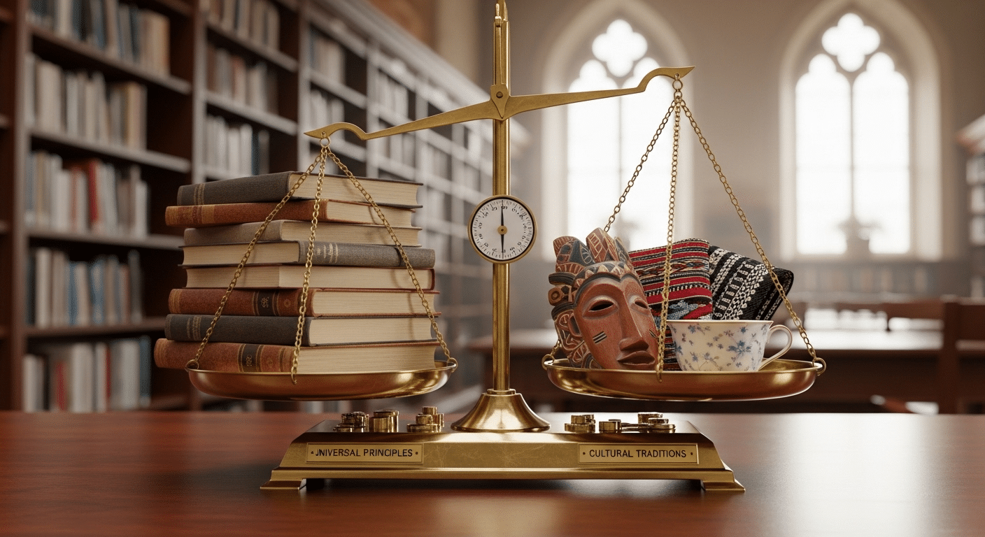 Balanced scale labeled 'Universal Principles' and 'Cultural Traditions' in a university setting.
