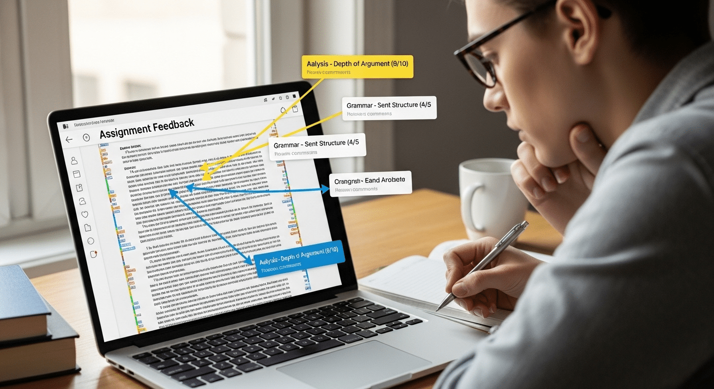 Student reviewing assignment feedback with arrows connecting comments directly to grading standards.