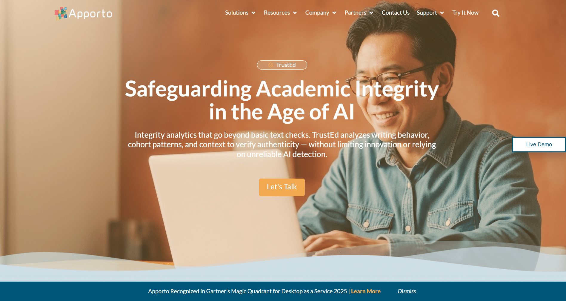Apporto TrustEd page banner showing a professor using a laptop with the headline “Safeguarding Academic Integrity in the Age of AI”.