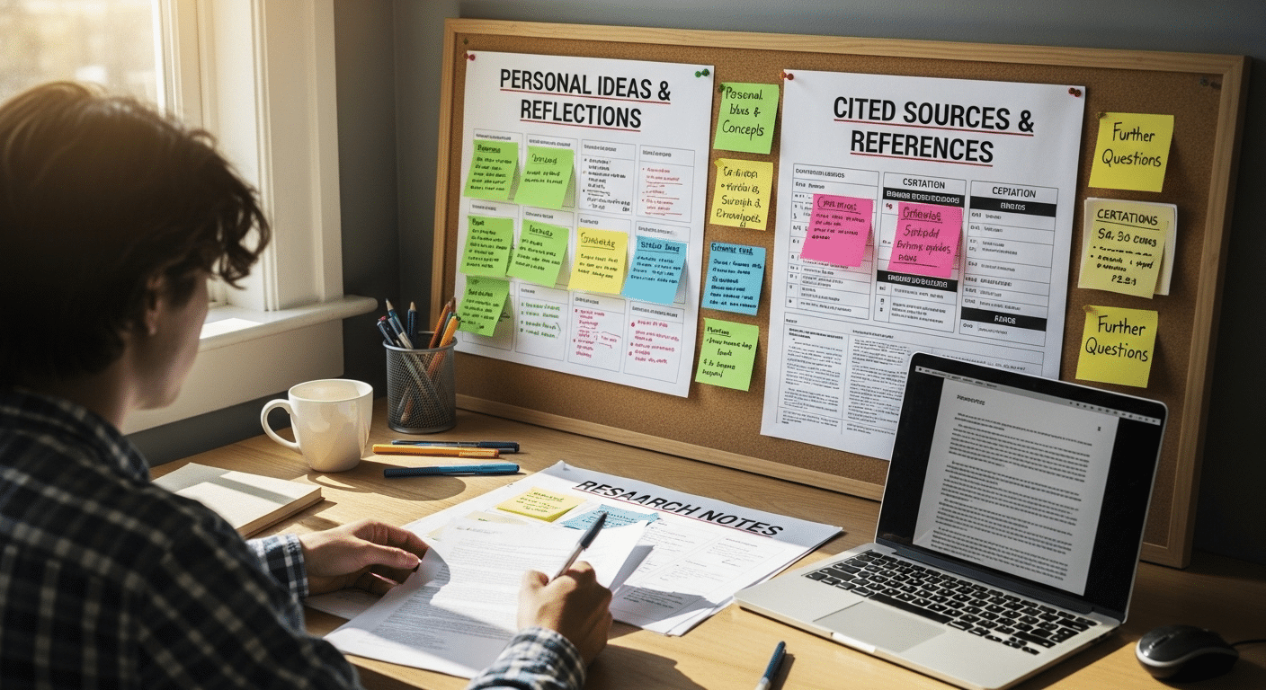 Student organizing research notes with clearly labeled sections for personal ideas and cited sources.