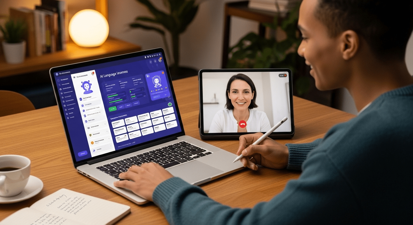 Language learner using AI app on laptop while video calling a human tutor on tablet beside it.