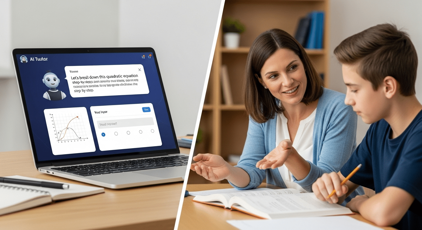Split-screen comparison of AI tutor interface on a laptop versus human tutor teaching a student face-to-face.