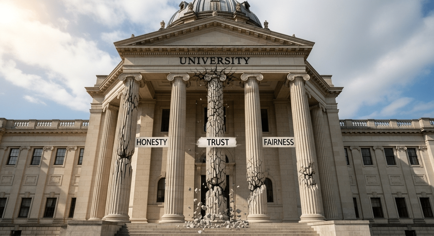 University building supported by pillars labeled Trust, Honesty, and Fairness with one pillar visibly cracked