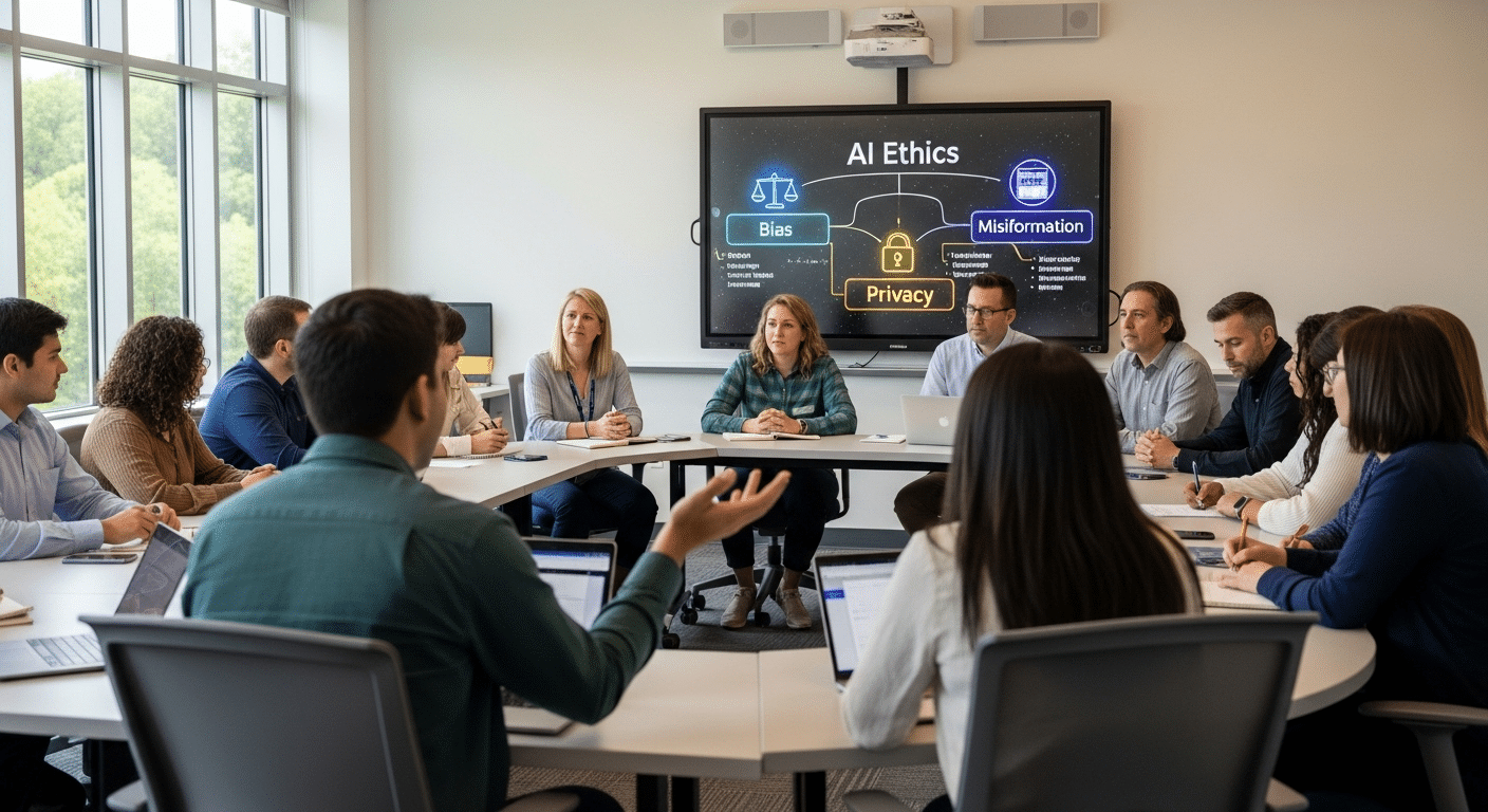 Classroom discussion about AI ethics with a digital board showing bias, privacy, and misinformation as key concerns.