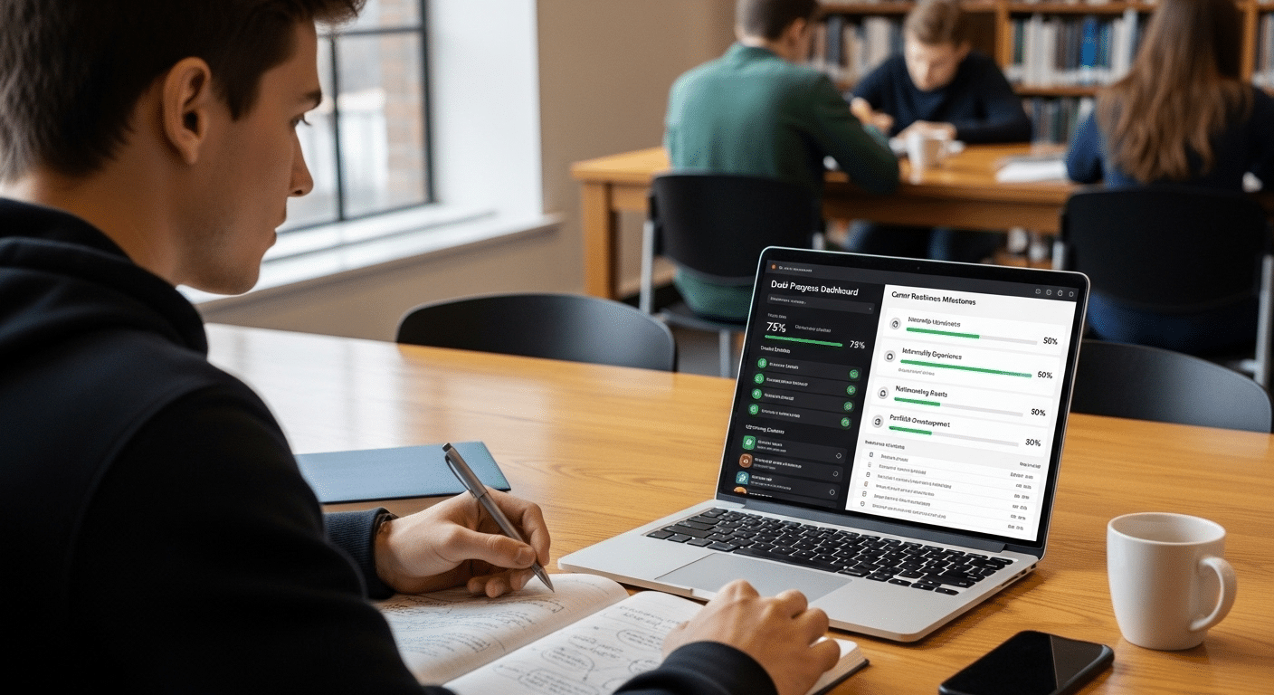 University student viewing a dual-progress dashboard tracking academic credits and career readiness milestones on a laptop.