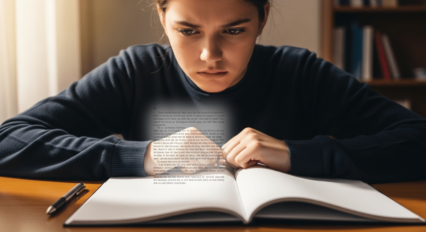 Student staring at blank page with faint overlay of copied text fading behind it, symbolizing bypassed thinking.