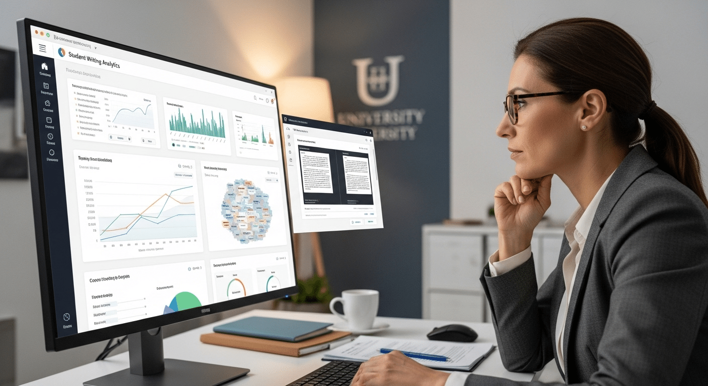 University administrator reviewing student writing analytics dashboard to validate authorship beyond proctored exams.