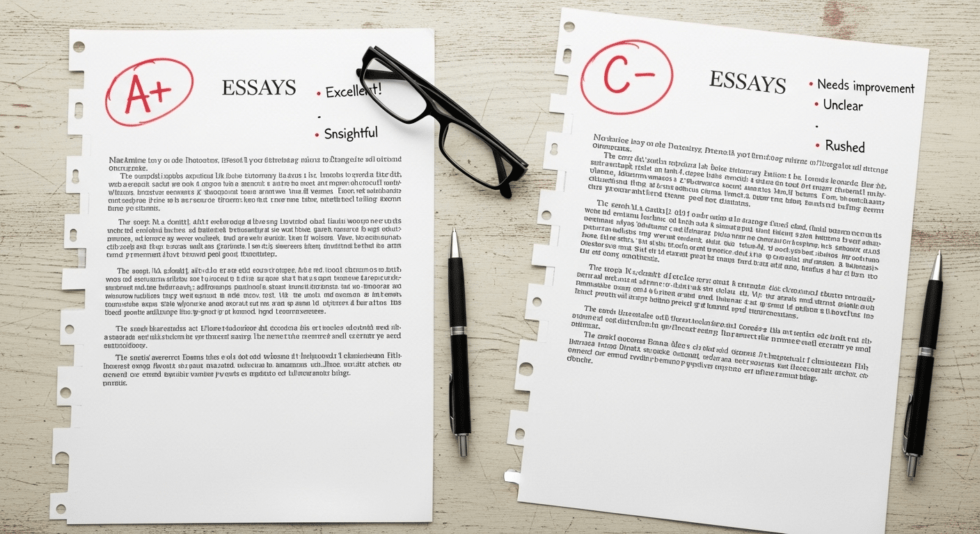 Two identical essays receiving different grades, highlighting unconscious bias in evaluation.