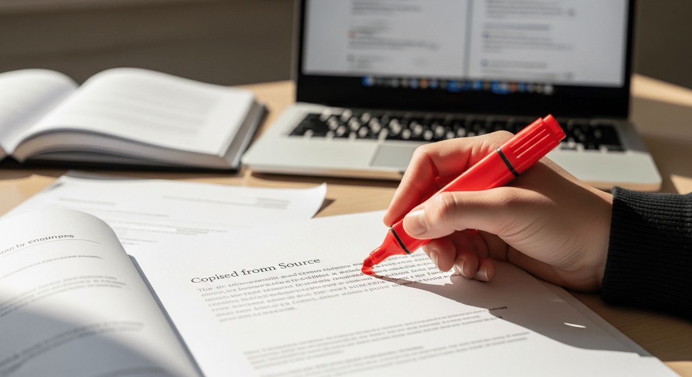 Student highlighting a copied paragraph in red on a research paper to illustrate plagiarism detection.