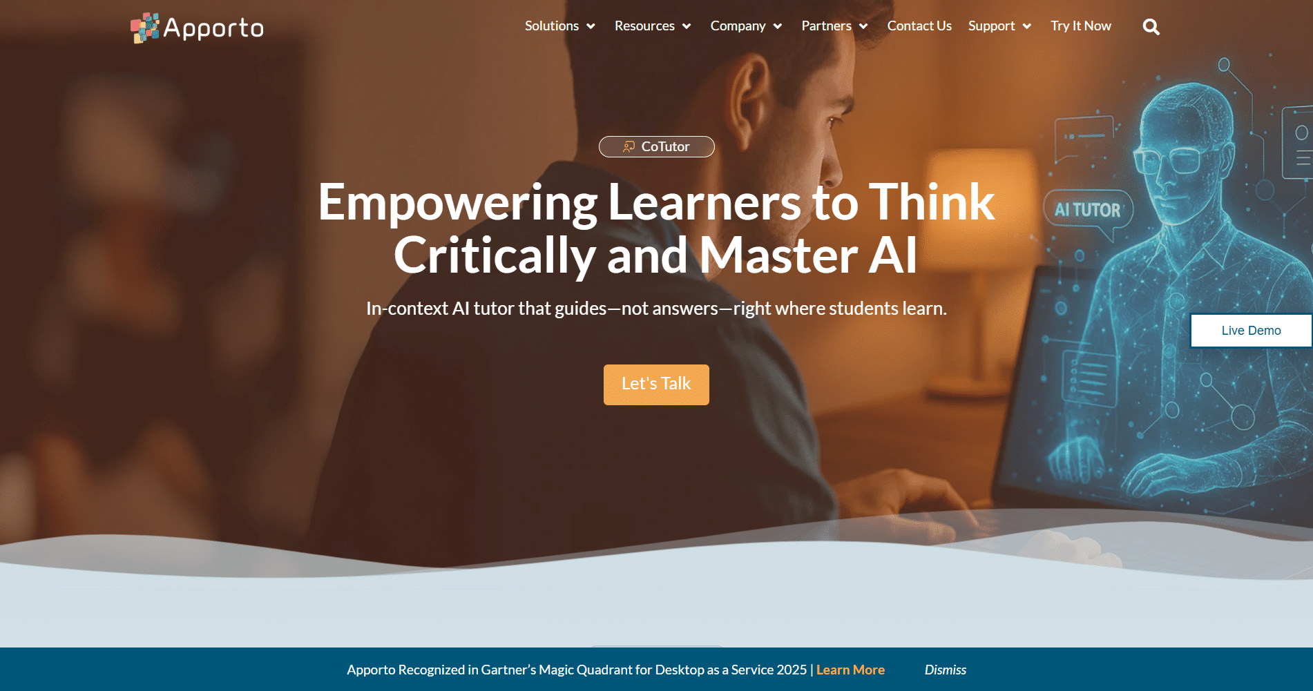 Apporto Cotutor page showing a student using a laptop alongside a holographic AI tutor interface with the headline “Empowering Learners to Think Critically and Master AI.”