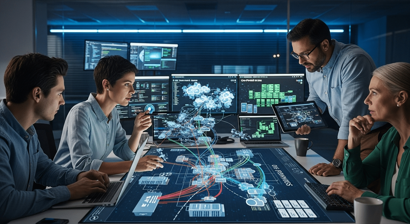 Cybersecurity team mapping data flows across cloud and on-prem networks for Zero Trust planning.