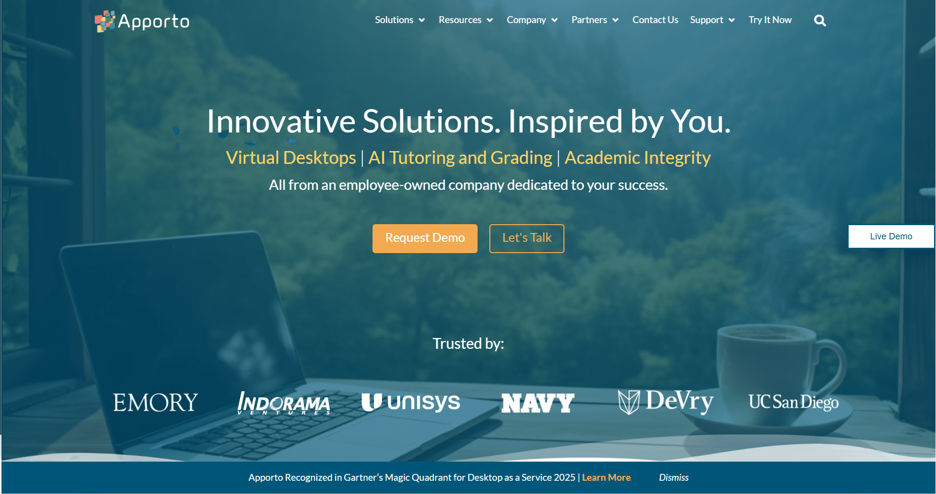 Apporto's Homepage representing a cloud-based virtual desktop solutions.