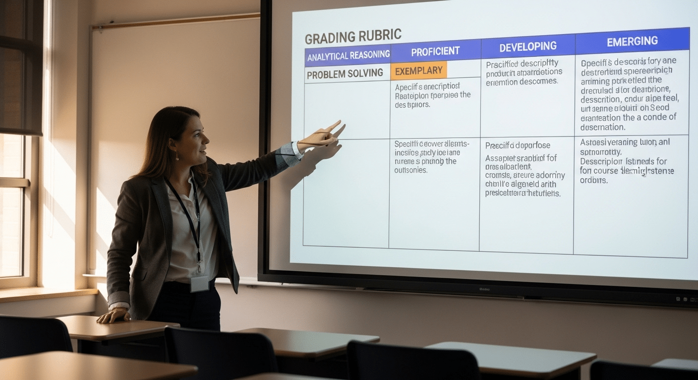 Teacher pointing to a detailed rubric aligned directly with course learning outcomes on a classroom screen