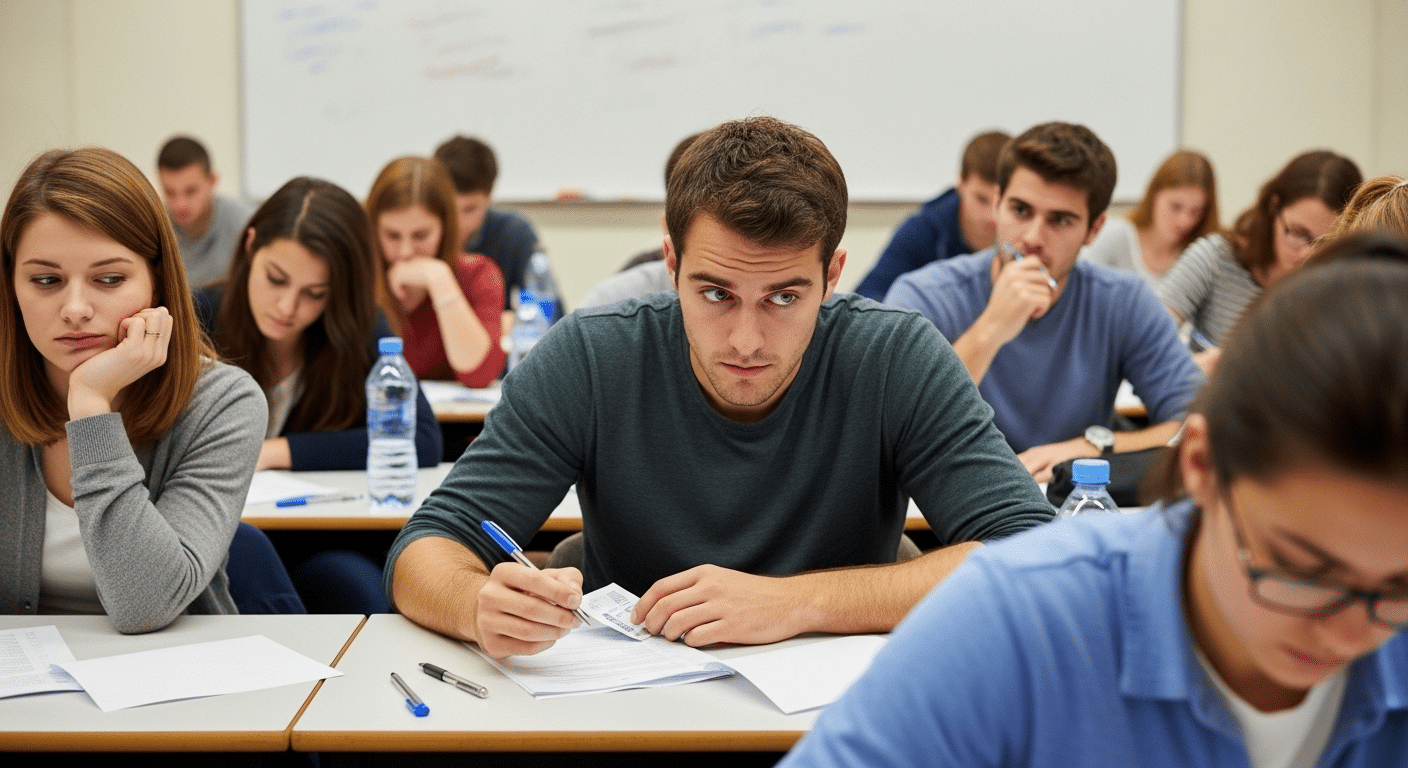 University classroom with one student secretly looking at unauthorized notes while others focus on their exams, subtle tension in the room.