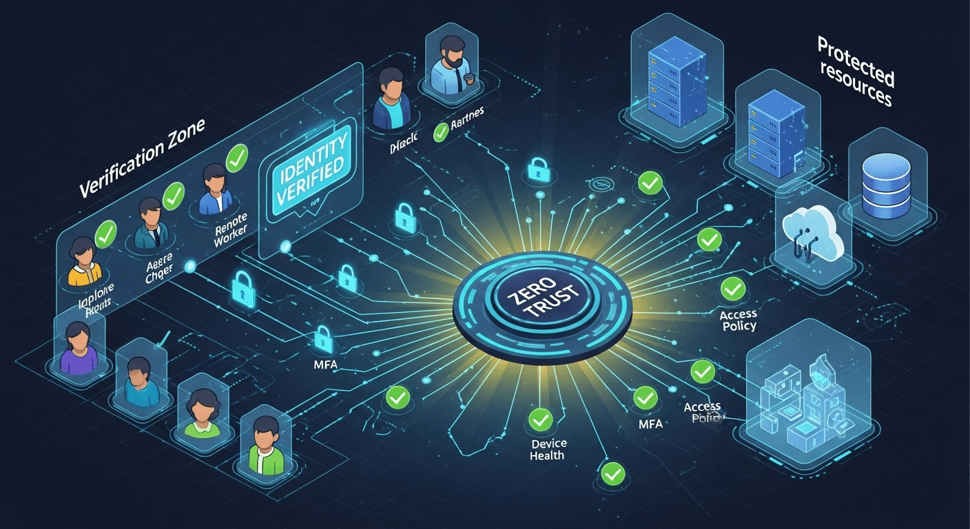Zero Trust identity-centric security illustration showing users verified before accessing protected resources.