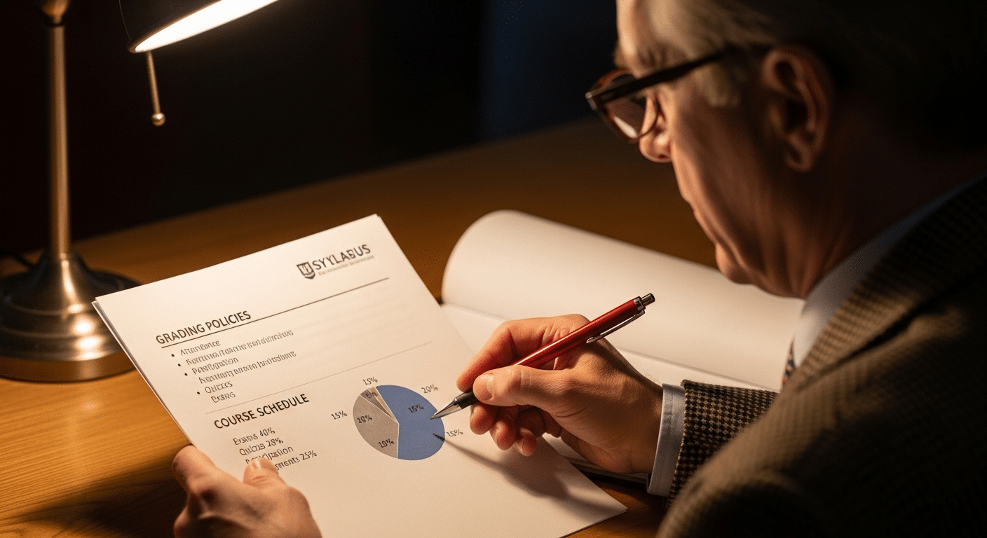 Professor reviewing a clearly structured syllabus page outlining grading policies and weightings.