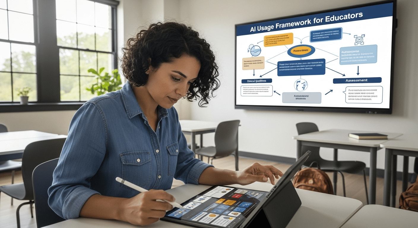 Educator redesigning coursework on a digital tablet while a structured AI usage framework is displayed on a classroom screen.