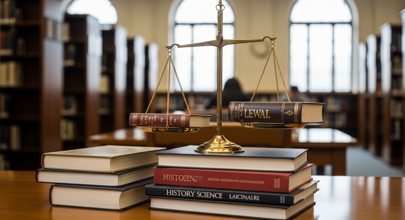 Balanced scales of justice resting on stacked textbooks in a university setting, symbolizing fairness in grading.