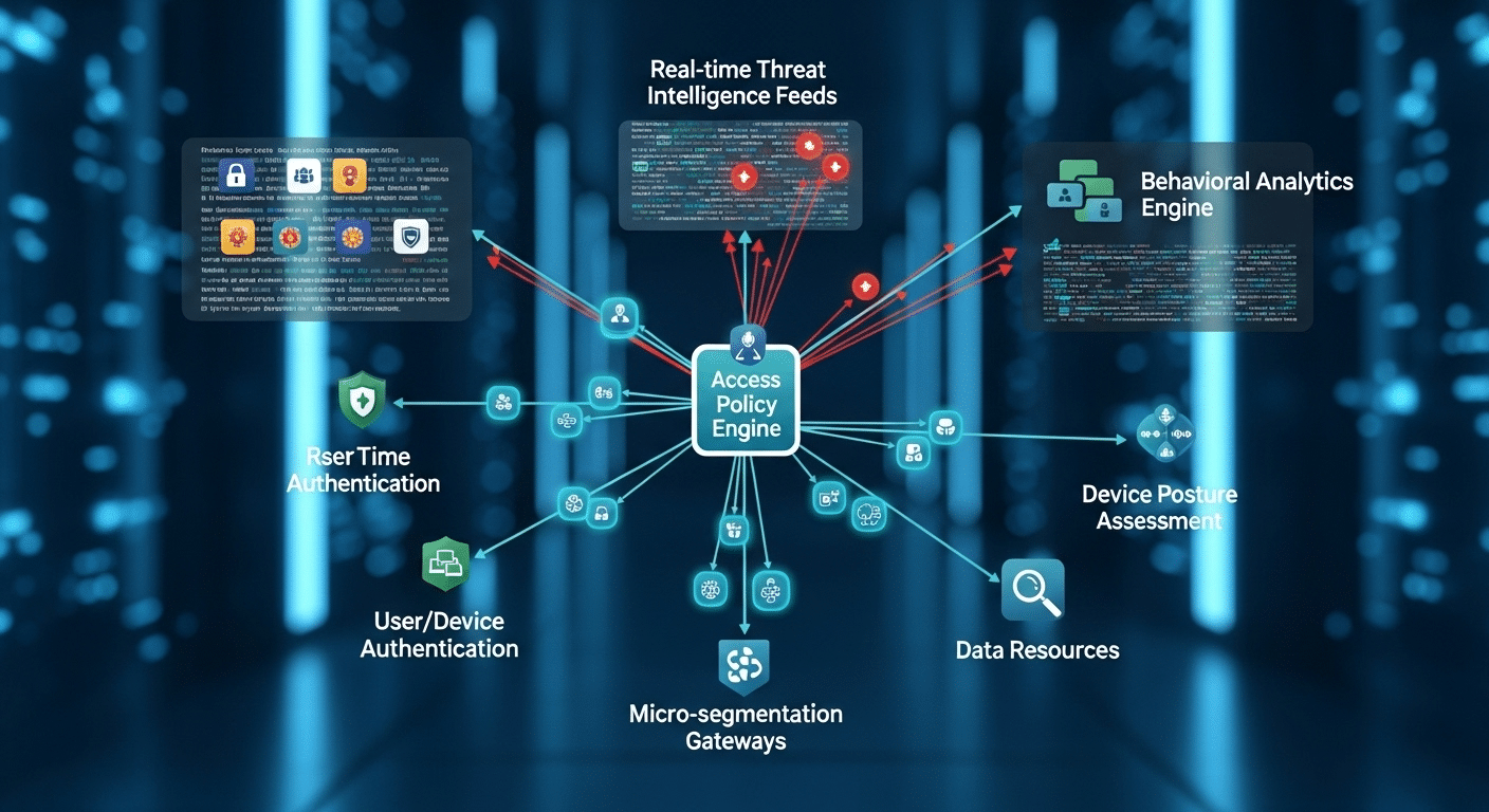 Zero Trust security architecture enhanced with real-time threat intelligence feeds influencing access decisions.