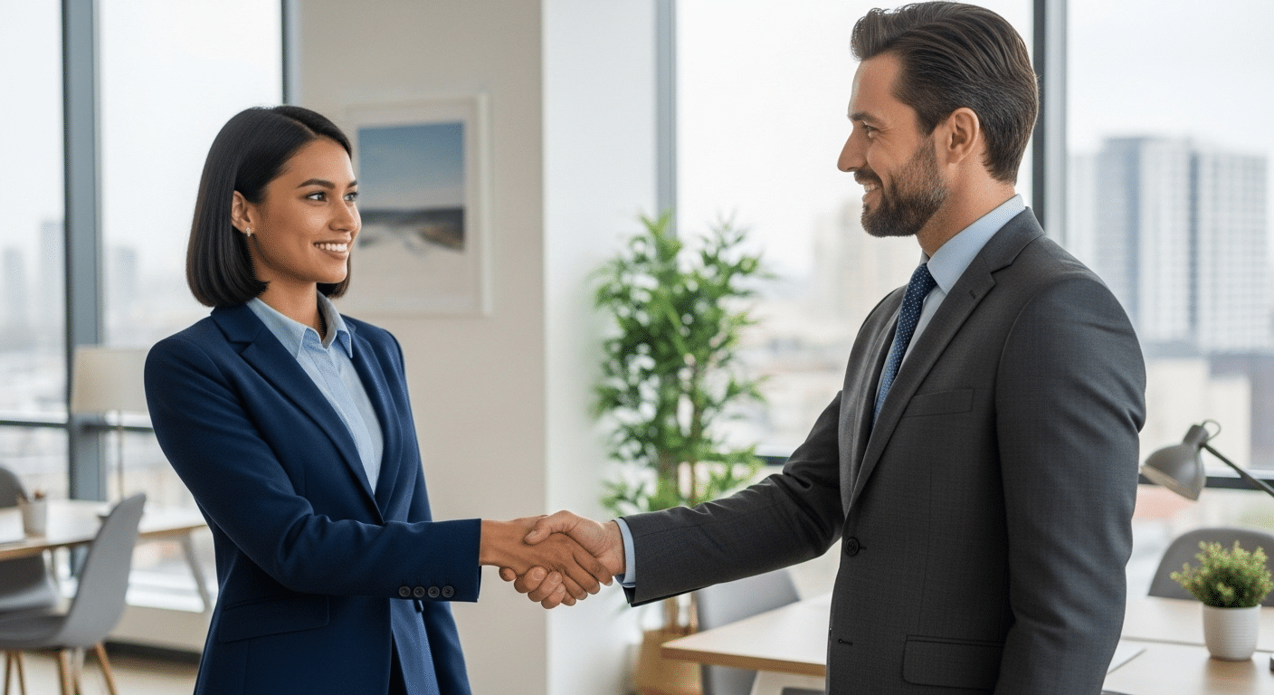Recent graduate in professional attire shaking hands with an employer in a modern office setting, symbolizing trust and integrity.