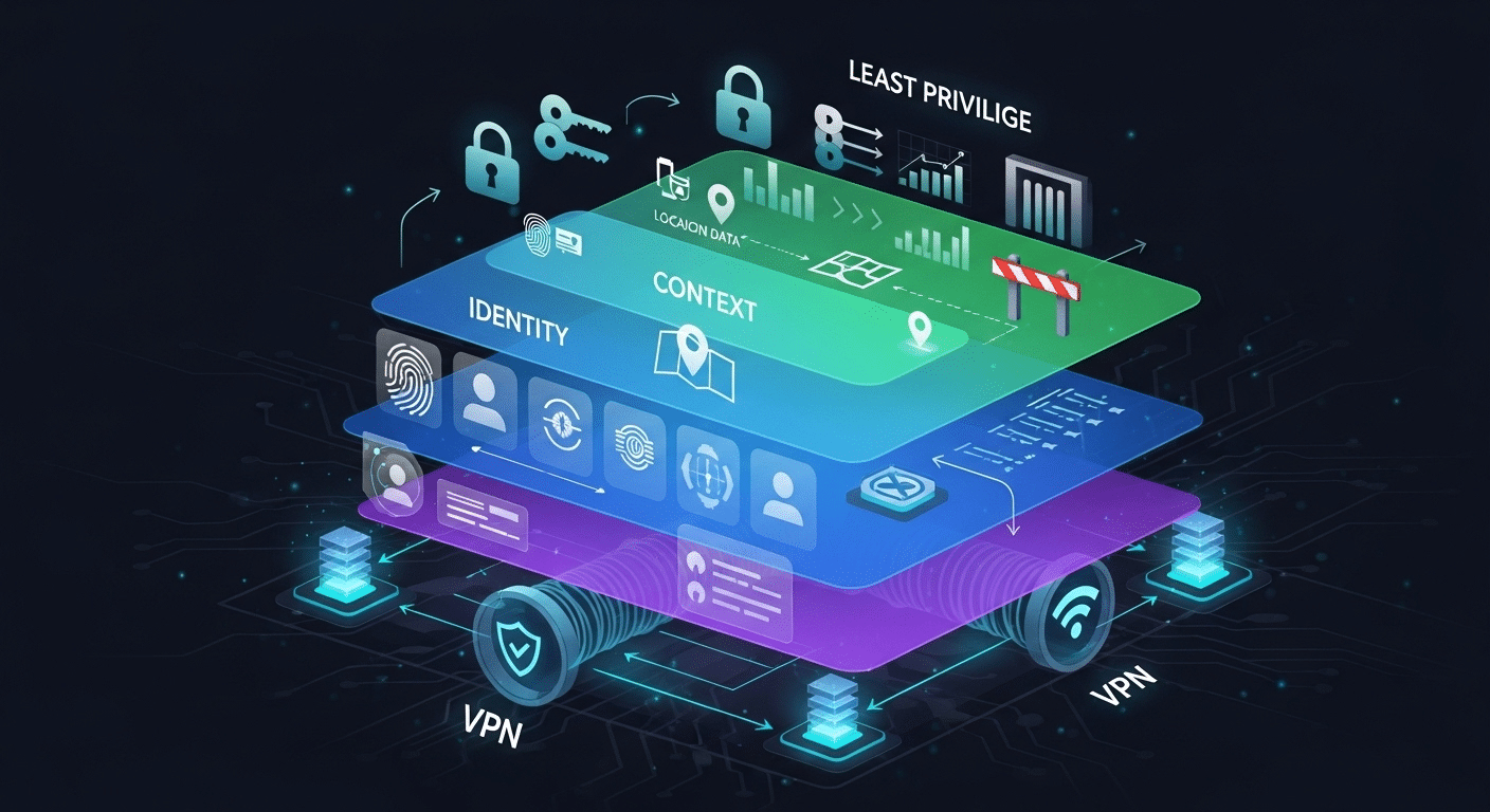 Layered security illustration with VPN as the base and Zero Trust principles applied on top—identity, context, least privilege.