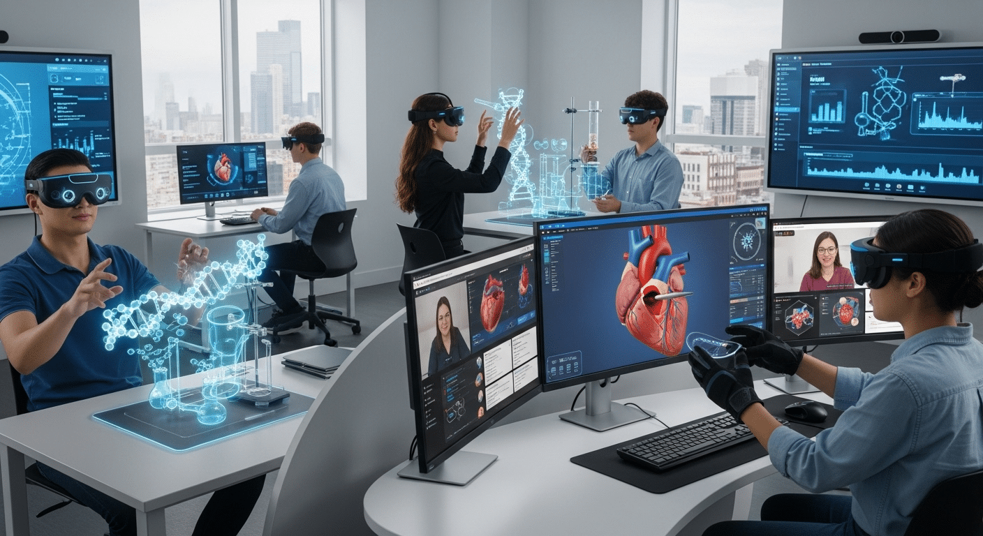 Future-focused education scene showing virtual labs integrated into modern classrooms and online learning environments.