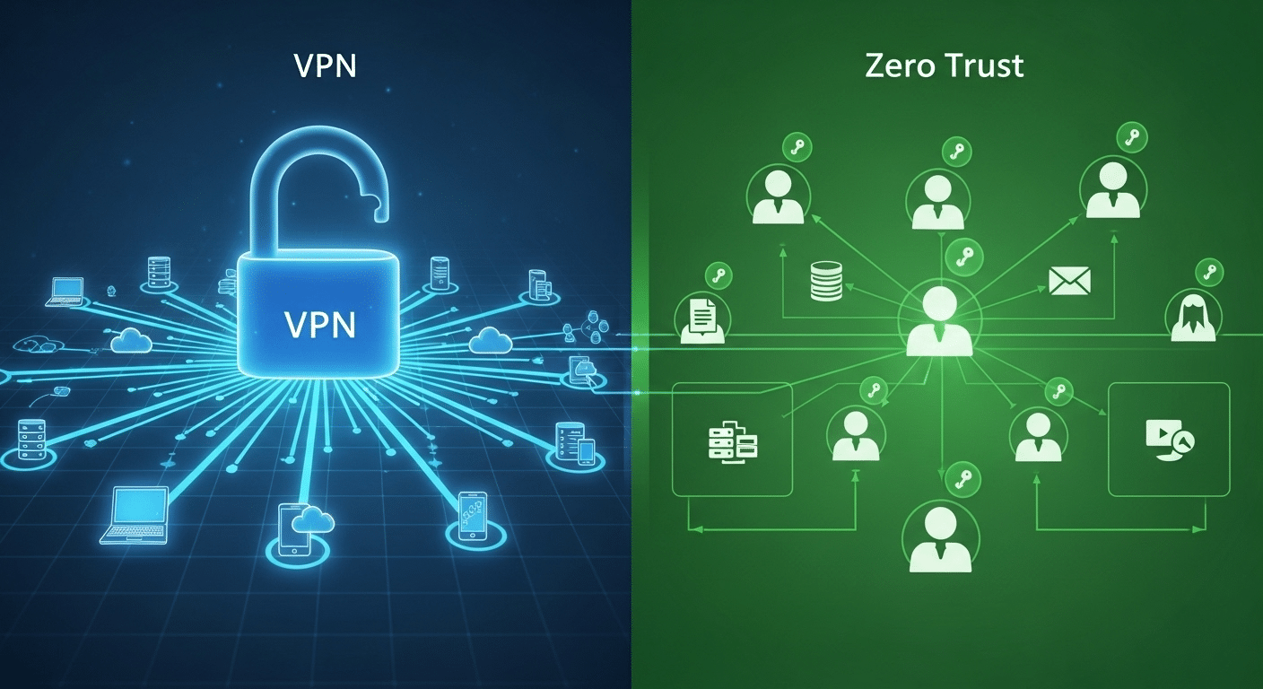 Abstract security diagram showing VPN granting network-wide access versus Zero Trust enabling identity-based app access.