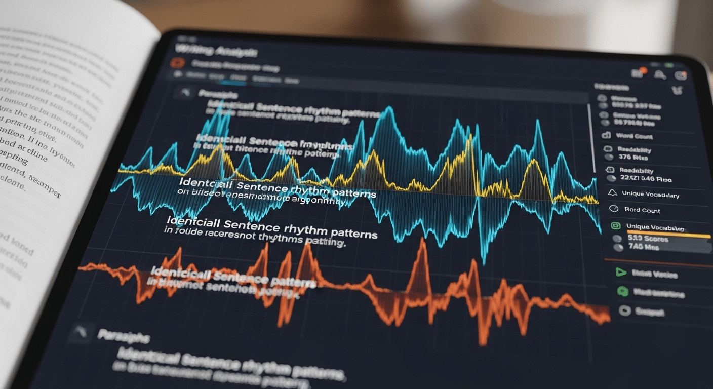 Overlay of writing metrics showing identical sentence rhythm patterns across multiple paragraphs.