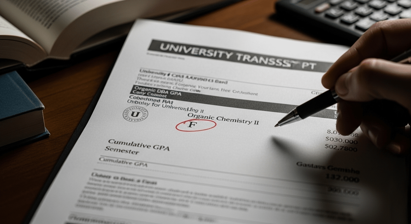 University transcript displaying an F grade and its impact on cumulative GPA.
