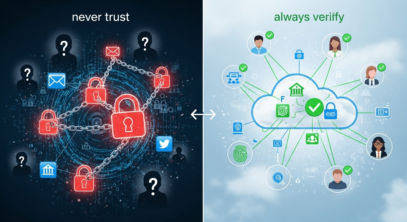Modern cybersecurity concept visualizing ‘never trust, always verify’ with locked apps and verified users in the cloud.