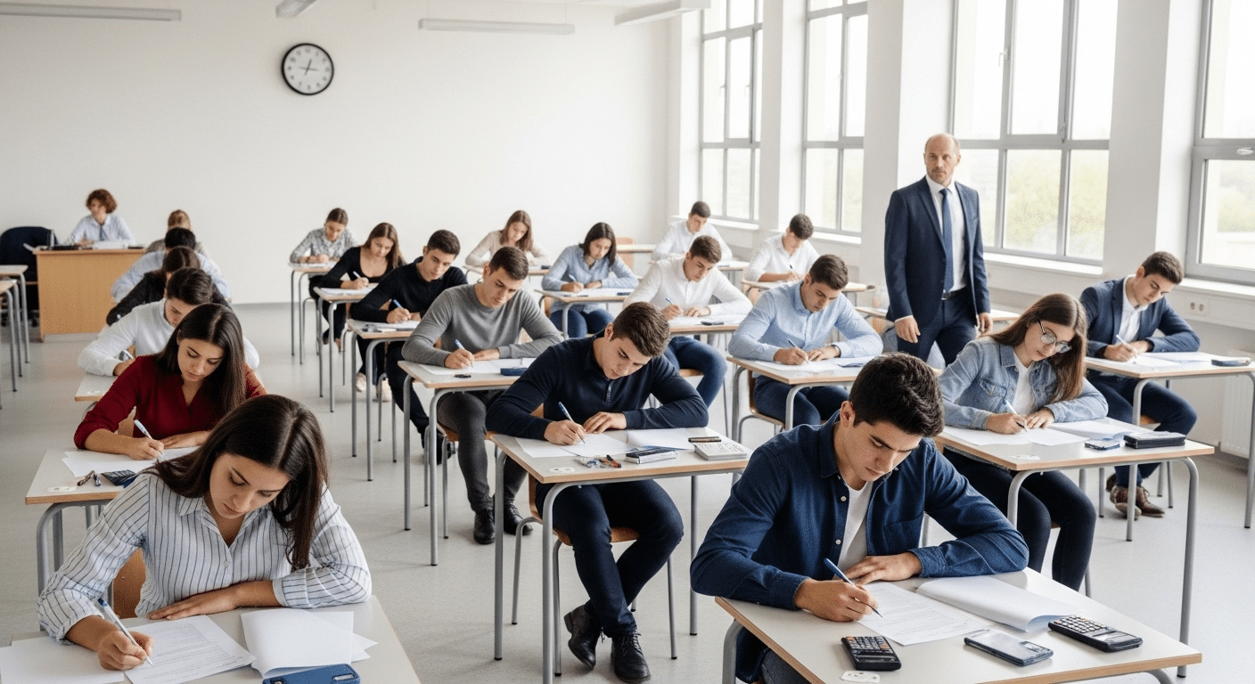 Classroom scene with students taking an exam under equal conditions, symbolizing fairness and academic integrity.