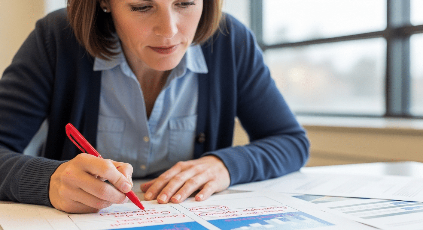 Teacher reviewing a student project draft with constructive feedback notes highlighting originality and improvement.