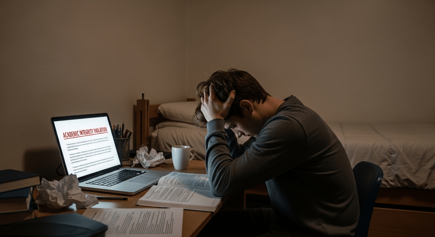 Student sitting alone in a dimly lit dorm room, head in hands, laptop screen glowing with an academic integrity notice.