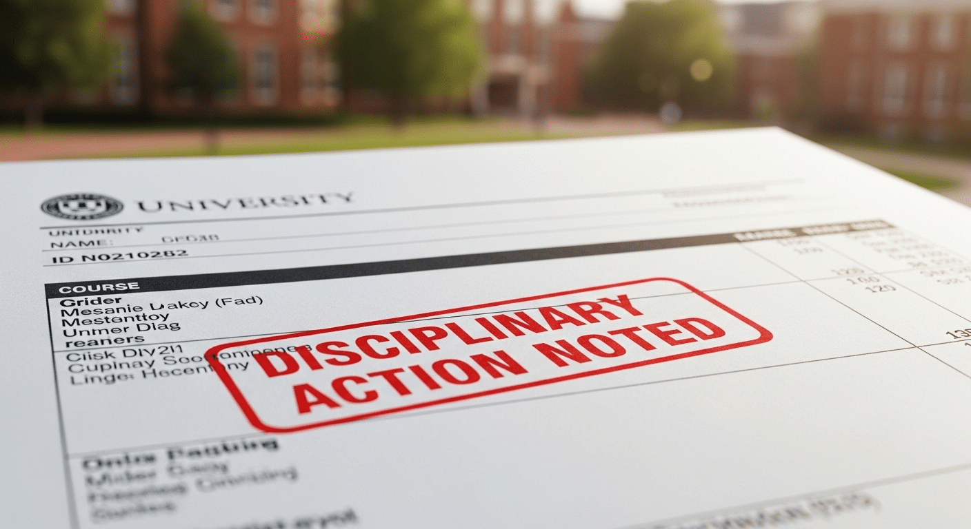 Close-up of a university transcript with a red disciplinary notation stamp, blurred campus in background.