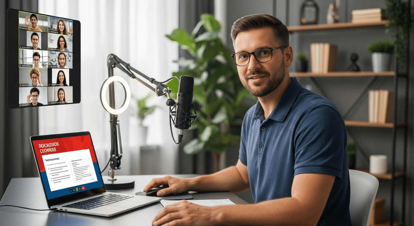 Online instructor delivering a short, focused lesson with pauses for questions and interaction.