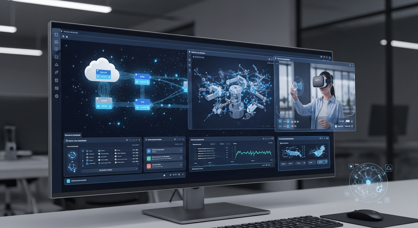 Advanced virtual lab ecosystem showing cloud computing, simulations, and immersive learning tools working together.