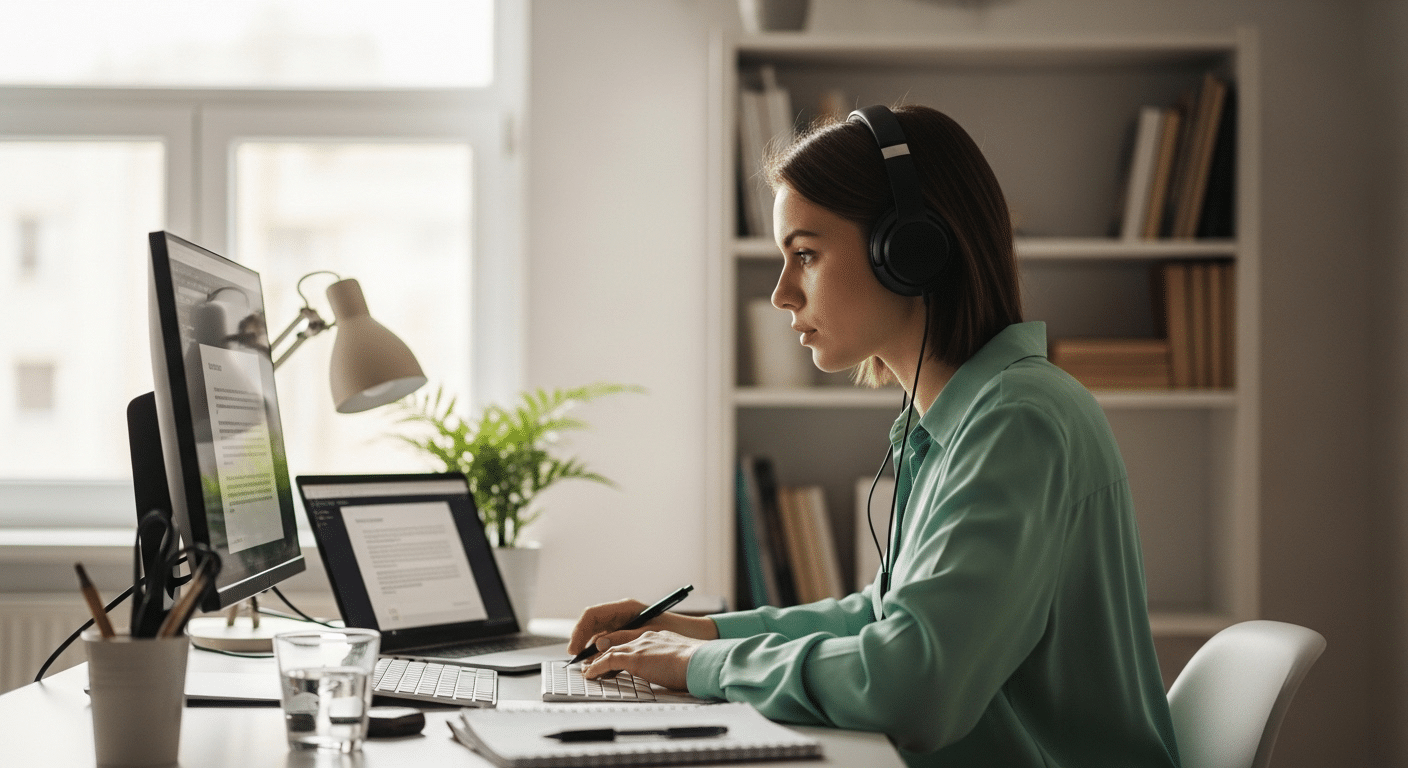 Student learning online in a quiet, distraction-free home setup using headphones.