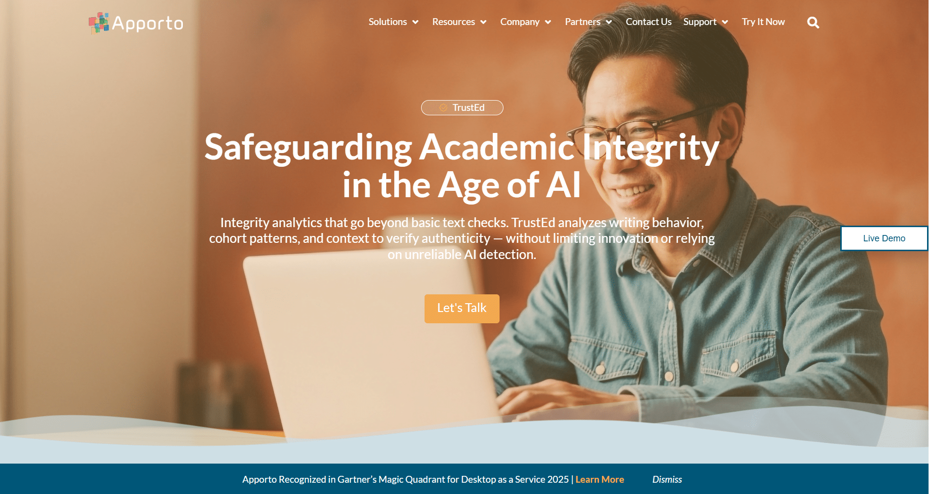 Apporto’s TrustEd platform page showing “Safeguarding Academic Integrity in the Age of AI” with a man using a laptop and a “Let’s Talk” call-to-action button.