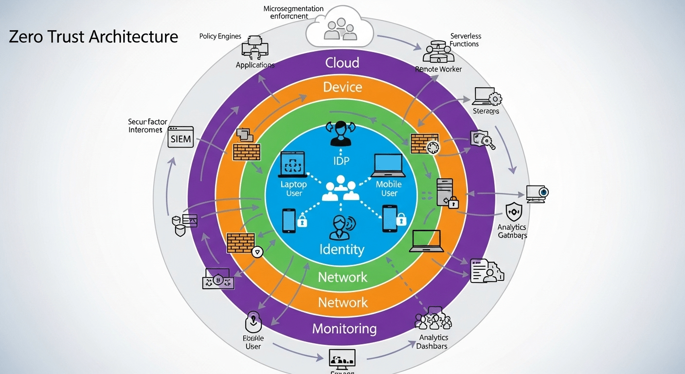 Diagram of Zero Trust architecture showing identity, device, network, monitoring, and cloud layers working together.