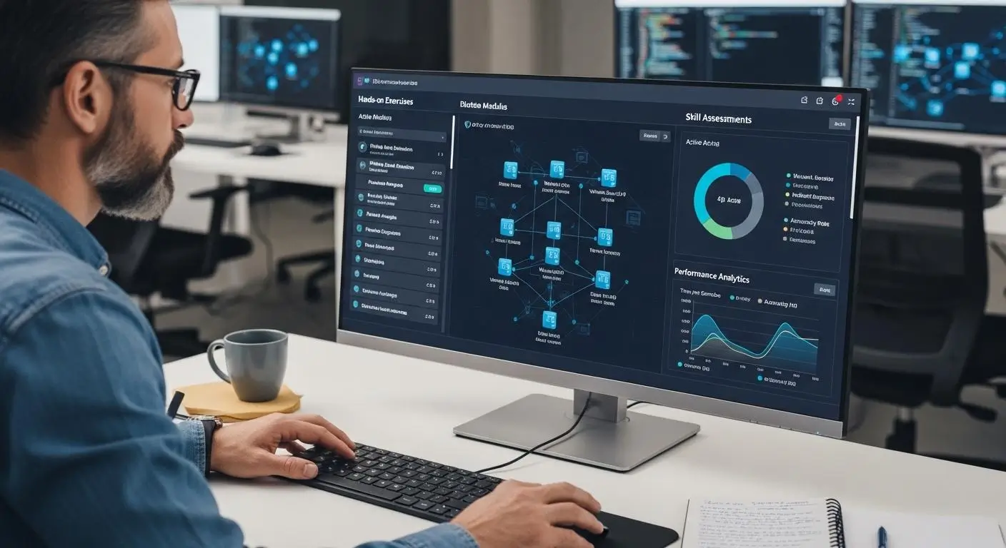 IT educator evaluating a virtual cybersecurity lab dashboard with hands-on exercises