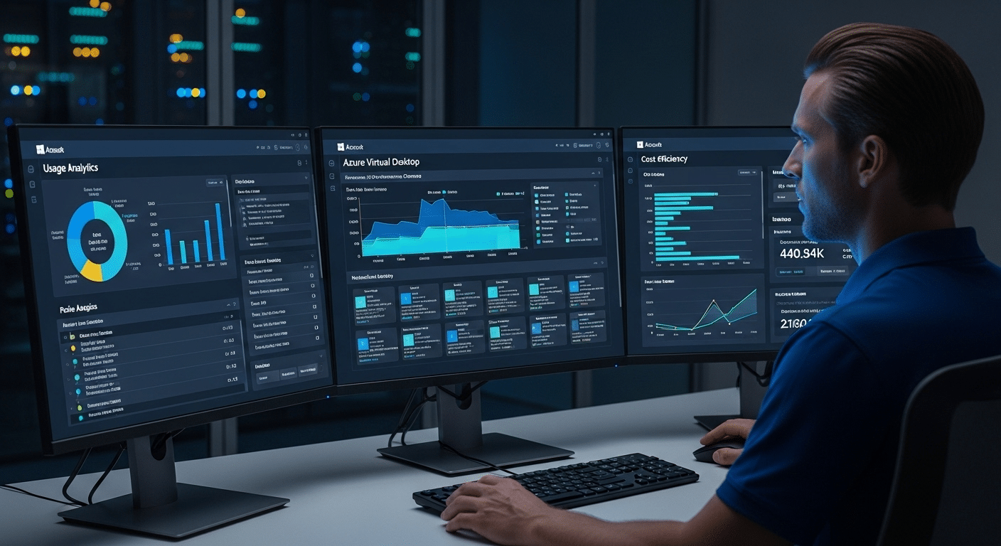 IT administrator dashboard monitoring Azure Virtual Desktop performance, usage, and cost efficiency.