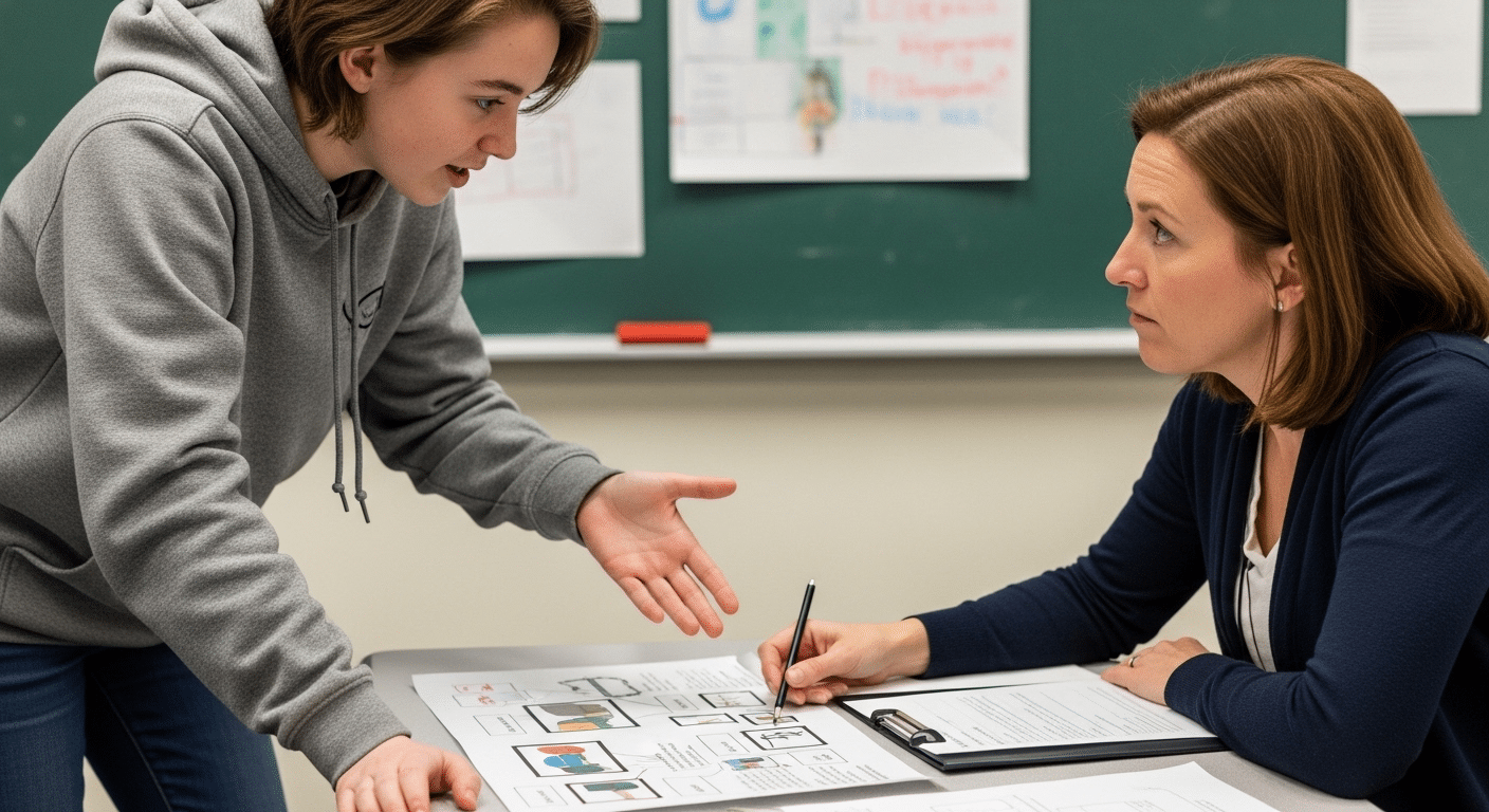 Teacher evaluating a student’s complex project using a detailed rubric while the student explains their reasoning.