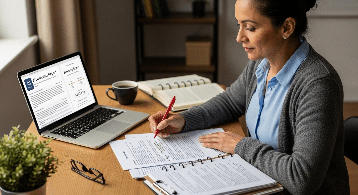 Educator carefully reviewing a student essay with handwritten notes, previous writing samples, and an AI detection report open on a laptop.