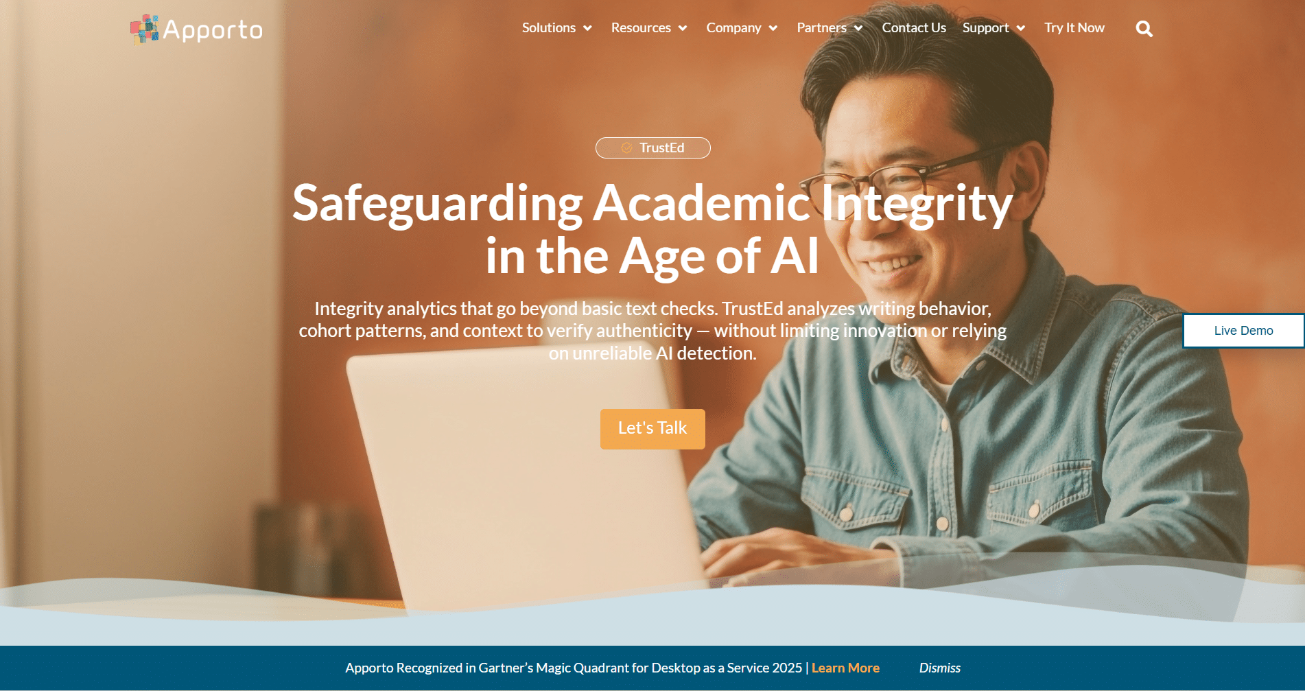  Apporto's TrustEd page featuring a professional working on a laptop with the headline “Safeguarding Academic Integrity in the Age of AI'.