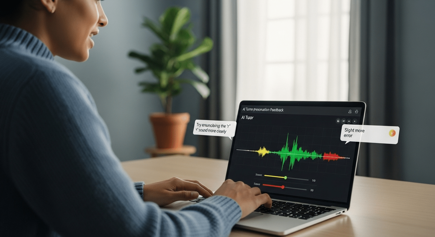 Language learner speaking confidently into a laptop with an AI tutor interface giving real-time pronunciation feedback in a calm, minimalist setting.