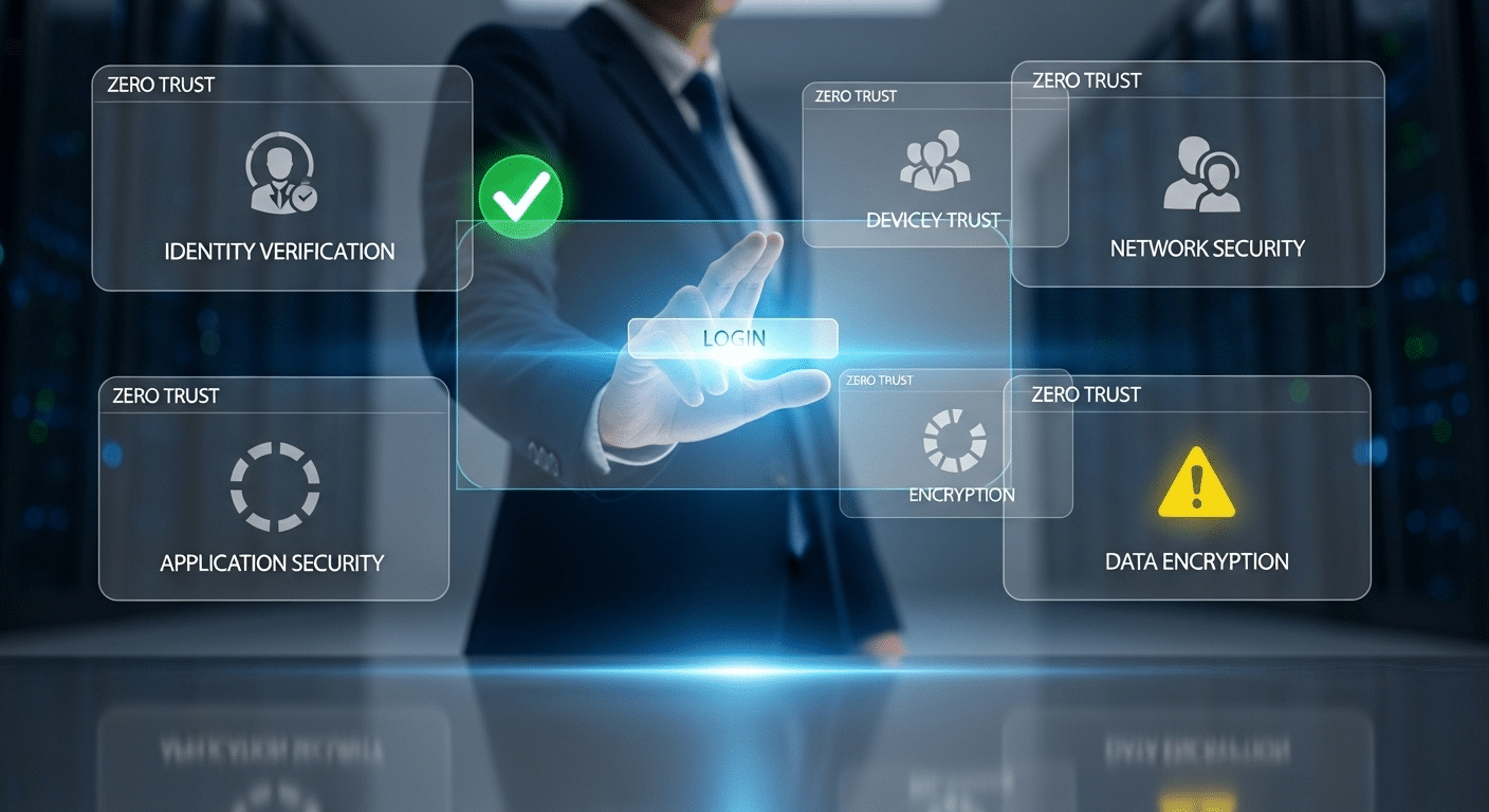 User attempting access through multiple authentication checkpoints, representing verify explicitly in Zero Trust security.