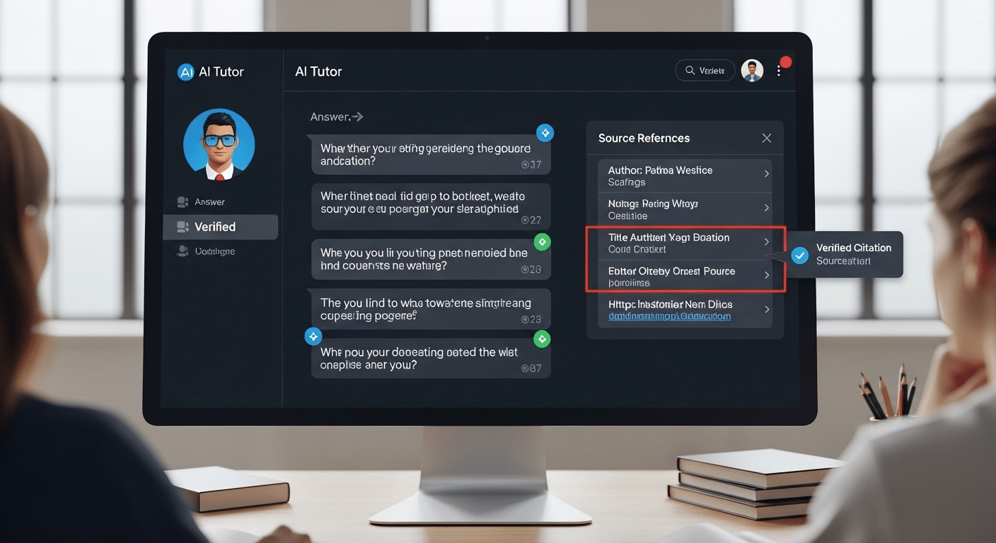 AI tutor interface displaying verified citations beside each answer, with highlighted source references.